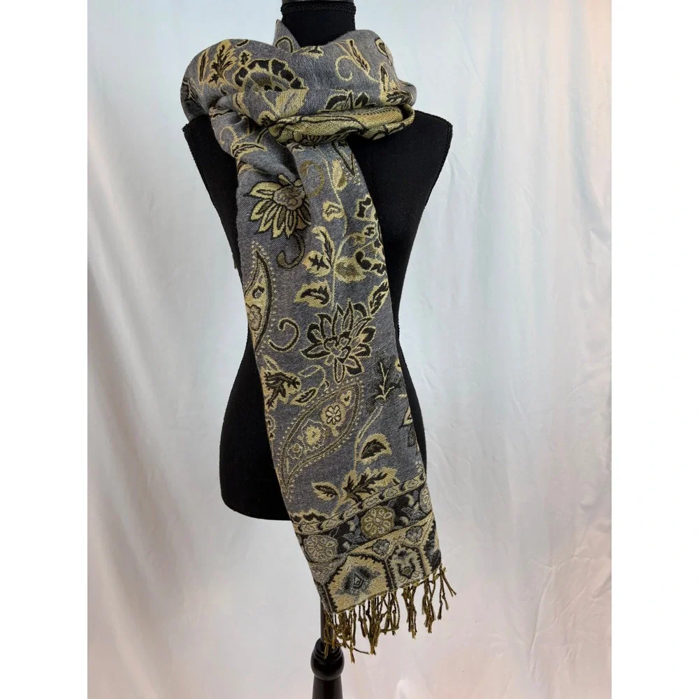 Grey Gold Paisley Floral Metallic Woven Fringe Wrap Scarf Shawl UB153101 OS